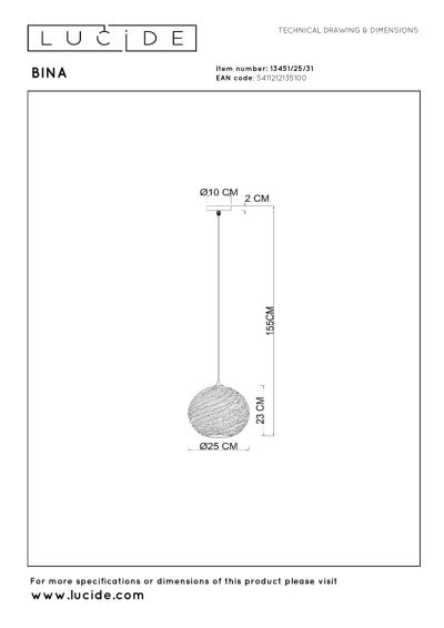 Lucide BINA - Pendant light - Ø 25 cm - 1xE27 - White